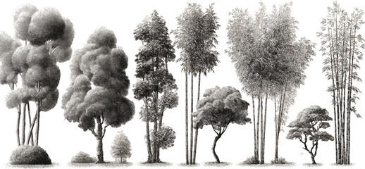 Collection of diverse trees and bamboo stalks rendered in detailed black and white stippling technique against a white background