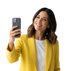 Smiling woman taking selfie with mobile phone isolated on transparent background