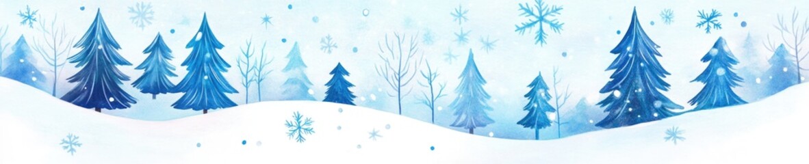 Obraz premium Winter wonderland with snowflakes and watercolor pine trees in a serene landscape