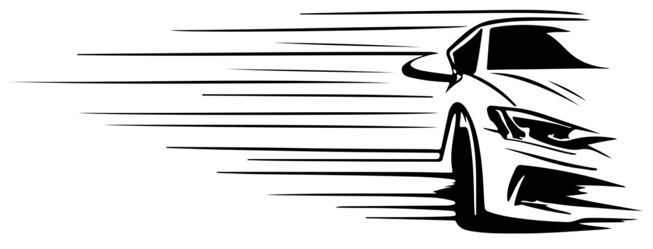 Bold, high-contrast line art of a car racing forward with sweeping streaks to convey rapid motion. Ideal for topics on speed, transportation