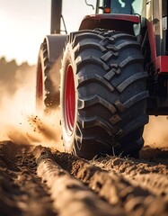 Tractor Tires Digging into Soil During Field Work.