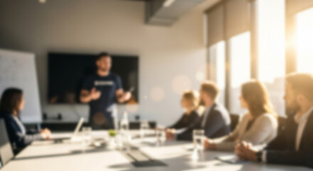 Fototapeta premium Blurred image of a business presentation in a modern conference room with bright sunlight