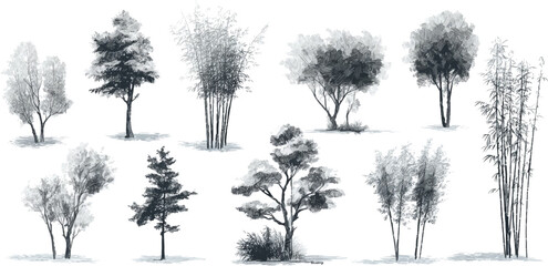 Collection of diverse trees and bamboo stalks rendered in a monochromatic style with subtle shadow details