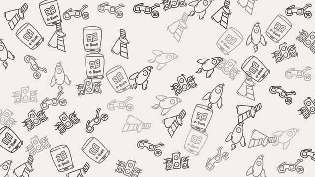Random pattern of rockets motorcycles and book icons suits designs, backgrounds, and illustrations for adventurous and educational themes.