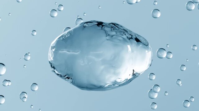 3D splash, transparent liquid water drops, bubbles. Cosmetic products for skin care, hyaluronic. Abstract animation video pattern. Healthcare and medicine designs concept, beauty background.