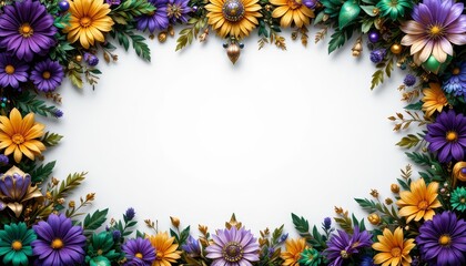 Fototapeta premium Mardi Gras festive border of purple, green, and gold decorations with central copy space.