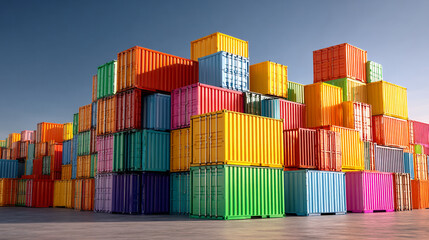 Fototapeta premium A large stack of colorful shipping containers on a concrete surface under a clear blue sky