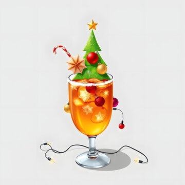 Christmas Tree Cocktail: "Vector image of a Christmas tree-shaped cocktail, decorated with isomalt and edible glitter, with tiny lights, on a transparent background."