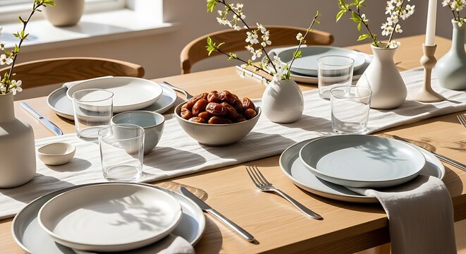Modern Ramadan table setting with handmade ceramic plates, dates, and spring accents in natural daylight, Scandinavian aesthetic, clean lifestyle composition ideal for Islamic and food concepts.