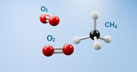 Physics concept. Molecule of methane reaction with oxygen. 3d render illustration.