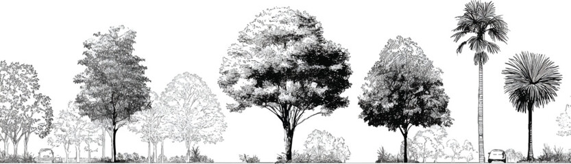 Black and white of diverse trees and foliage with a car and palm trees monochrome