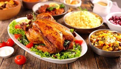Delicious Roasted Chicken Dinner with Assorted Side Dishes.