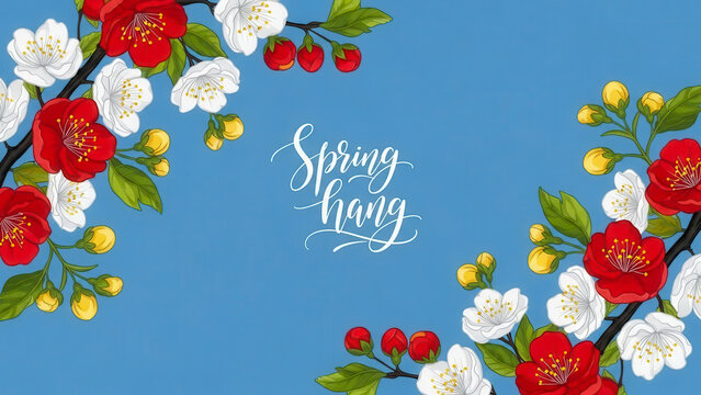 Beautiful spring fling illustration with red and white blossoms on branches, celebrating the season's arrival