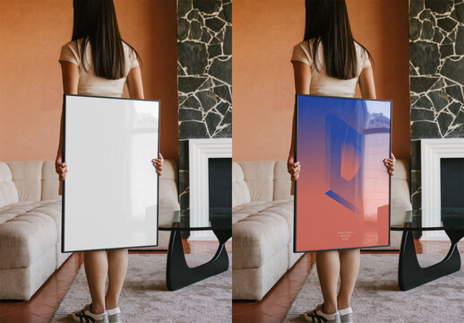 Mockup Of Woman Holding Customized Poster Behind Back