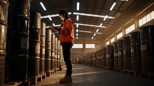 Woman worker checks oil drums with tablet in warehouse aisle. Inspector examines drums on pallets. Worker walks between barrel rows. Woman inspects oil drum storage in industrial warehouse facility.