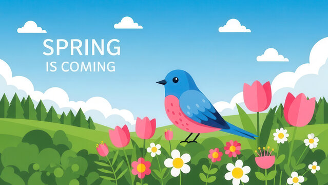 Cheerful spring illustration with a vibrant bird, blooming tulips, and the hopeful message 'spring is coming'.