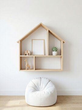 Minimalist nursery interior with wooden house shaped shelf and white bean bag chair on wood floor.