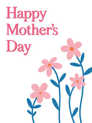 Simple Happy Mothers Day text with delicate pink flowers and blue stems on a clean white background