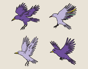 Obraz premium Flying birds and ravens in profile, approaching, boho mystical witchy hand drawn style