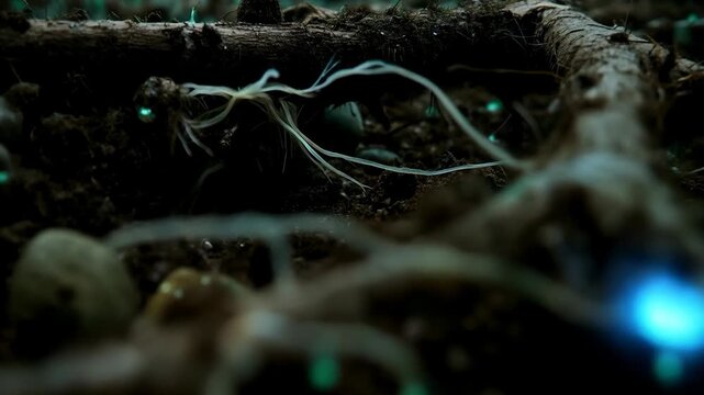Mystical underworld soil texture with glowing spheres and root structures