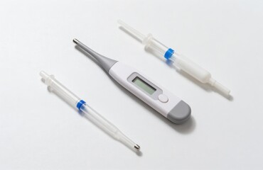 Medical Instruments: Thermometer and Syringes for Healthcare, Diagnosis, and Treatment on White Background