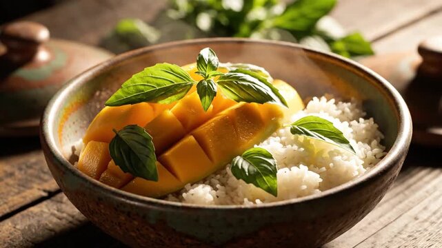 Close-up of sliced mango and basil leaves on white rice in a rustic bowl on a wooden surface