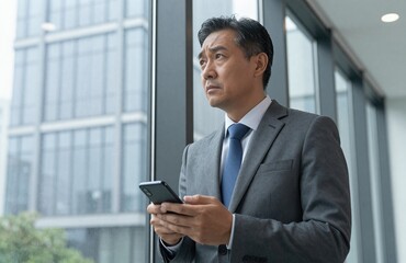 Fototapeta premium Pensive mature Asian executive in a formal suit holds a mobile phone, looking out a large window in a modern corporate office.