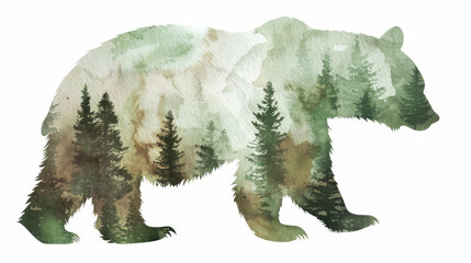 Fototapeta premium Double exposure bear silhouette with pine forest and mountain landscape inside on light background