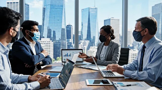 Business professionals discussing data on laptops in a modern office setting