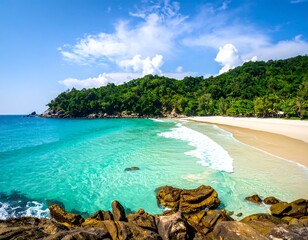 Tropical Paradise - Turquoise Waters and Lush Greenery on a Secluded Beach.