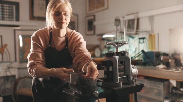 Woman goldsmith pulling metal through a wire drawing machine