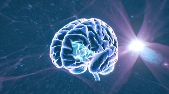 Cinematic 3D animation surreal neural network shaped galaxy, neurons firing stars cosmic particles, glowing synapses sending color-coded signals vast neural space, abstract brain mapping visualization