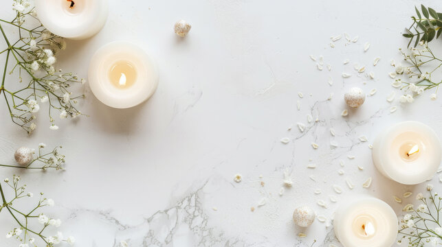 Spa wellness flat lay with white candles for relaxation, flowers and marble background with free place for text