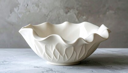 Elegant White Ceramic Bowl with Leaf Motif and Ruffled Edge.