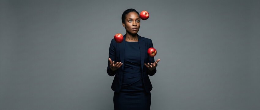 Black woman juggling apples in business suit, symbolizing multitasking, worklife balance, and career challenges Concept of focus, skill, and professional juggling act
