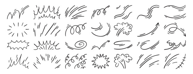 Expression and movement elements. Hand drawn emotion line, effects. Abstract hitting, jumping animation. Doodle curves, swirl, shape, motion. Vector set. Isolated puff and curved.