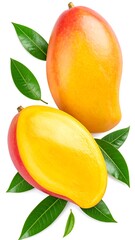 Two Ripe Mangoes with Green Leaves on White Background.