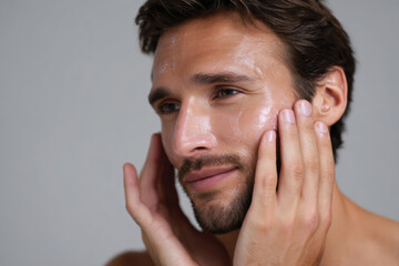 Obraz premium A man gently applying a skincare product on his face, highlighting self-care and grooming, while displaying a serene and focused expression of relaxation and care.