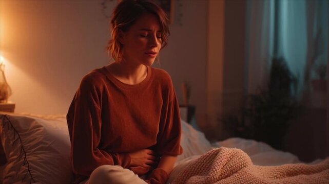 Woman sitting on bed at night, holding stomach in pain, soft lighting, indoor scene, serene atmosphere, contemplative mood