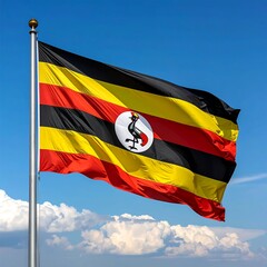 Ugandas Vibrant National Flag Waving Proudly Against a Clear Blue Sky.