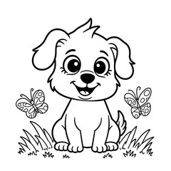 Fototapeta premium Cute cartoon puppy sitting in grass with butterflies, black and white outline for coloring page