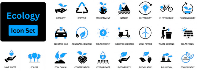 Ecology icon set. Eco friendly and environment icon set. Symbols for sustainability, renewable green energy, nature, recycling and ecology concept vector illustration.