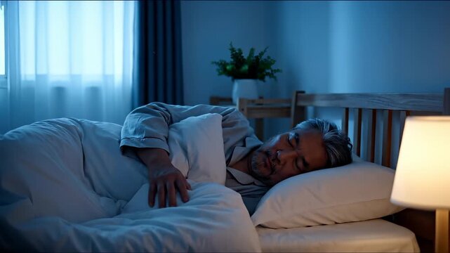 Man in deep sleep on bed. Senior rests under blanket near lamp. Pillow supports head in relaxed pose. Bedroom bathed in soft blue night light. Quiet atmosphere evokes calm. Calm rest for senior now.