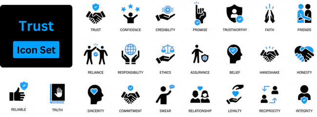 Trust Solid icon set. customer satisfaction icon set  contain loyalty, trust, happiness, feedback, review, service, smile, quality, experience, approval