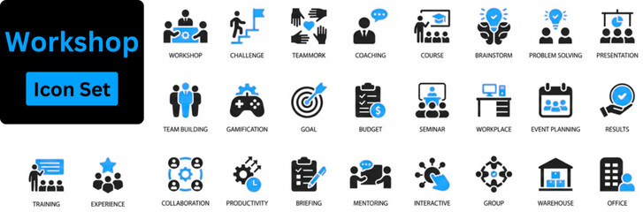 Workshop and training solid icon set. Workshop icon set contain education, teamwork, brainstorming, learning, and innovation.