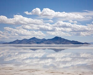 Reflective Salt Lake With Clouds Mirroring Mountains