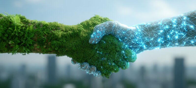 The handshake between a moss hand and a glowing digital network hand
