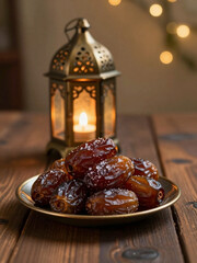 Traditional Iftar Setup with Dates and Candle Lantern