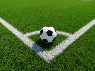 Soccer Ball on Grass at Corner Flag Game Ready Field View