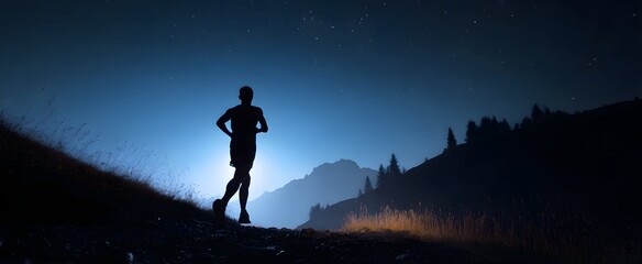 Naklejka premium The runner speeds along the path under the night sky.